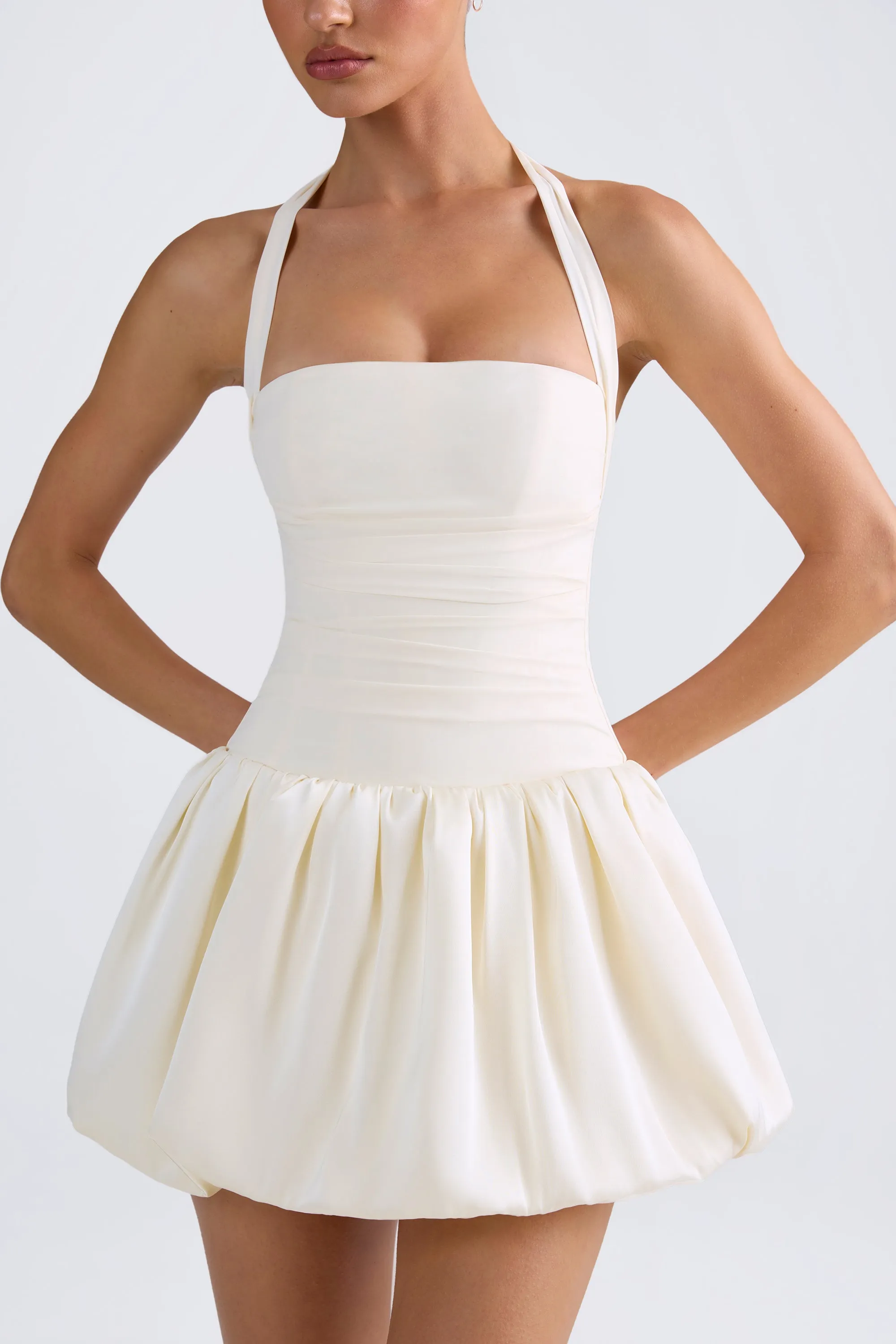 Halterneck Lace-Up Bubble Hem Corset Micro Mini Dress in Ivory sold by Oh Polly product image thumbnail 4
