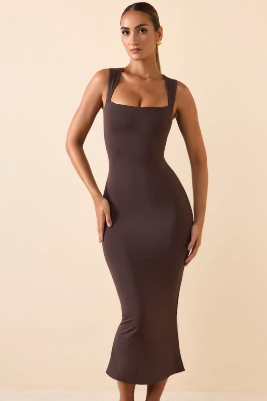 Modal Square-Neck Midi Dress in Chocolate Brown sold by Oh Polly