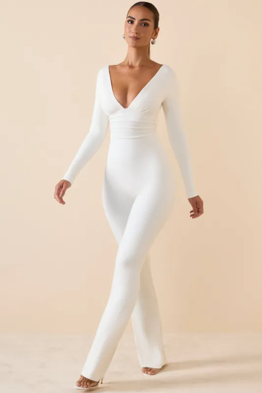 Modal Ruched Plunge Flared Jumpsuit in White sold by Oh Polly