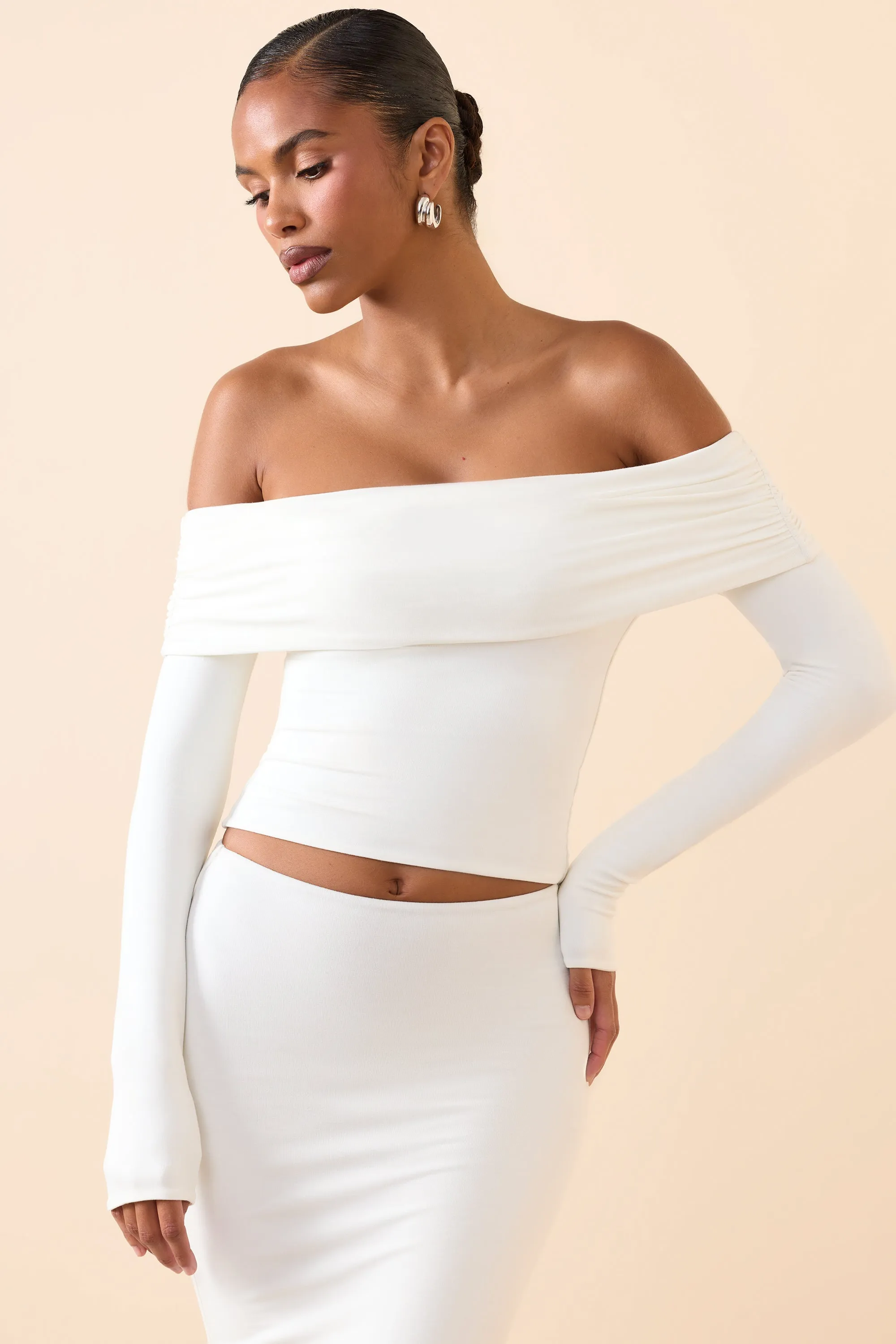 Modal Off-Shoulder Long-Sleeve Top in White sold by Oh Polly