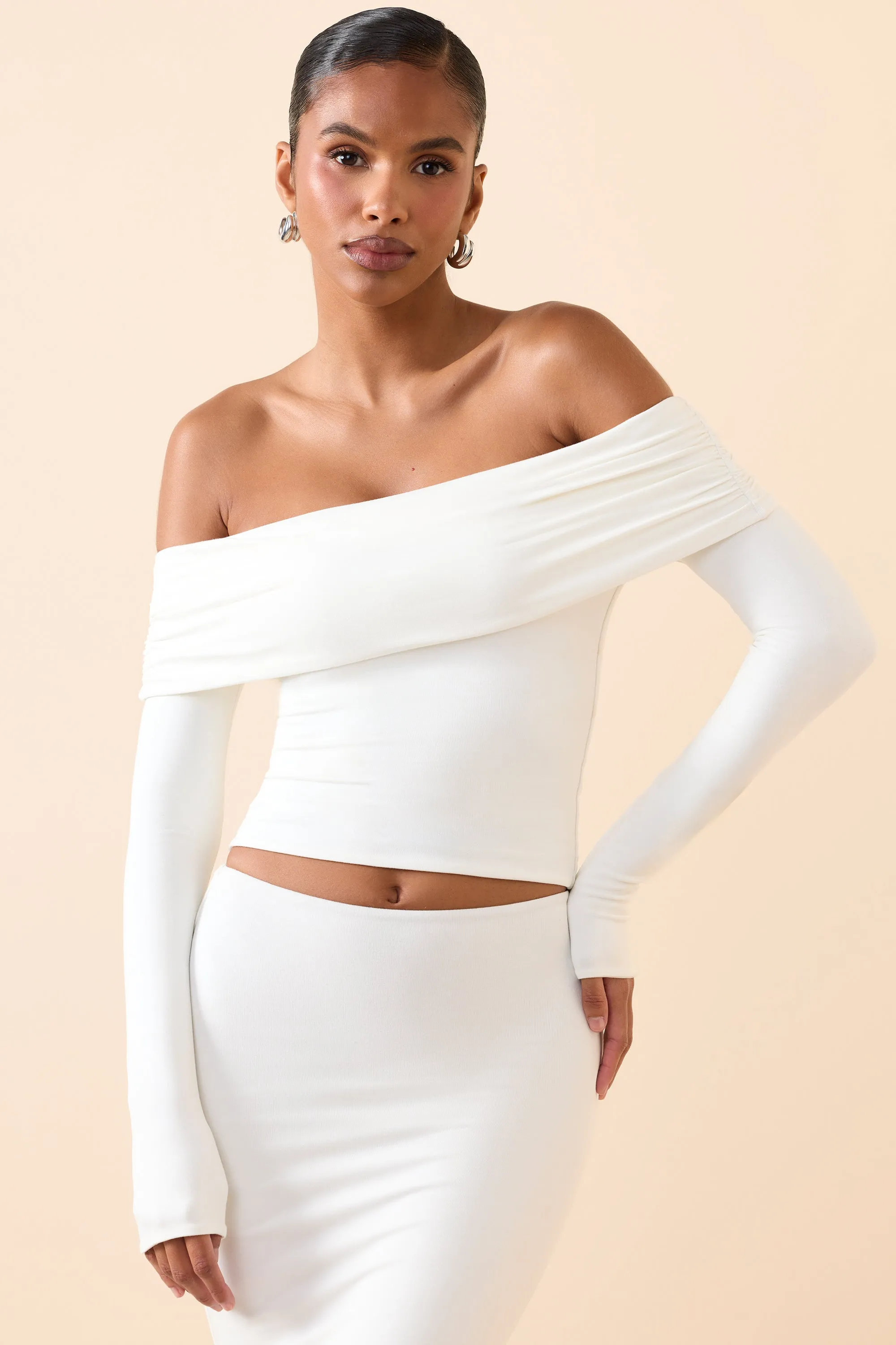 Modal Off-Shoulder Long-Sleeve Top in White sold by Oh Polly product image thumbnail 5