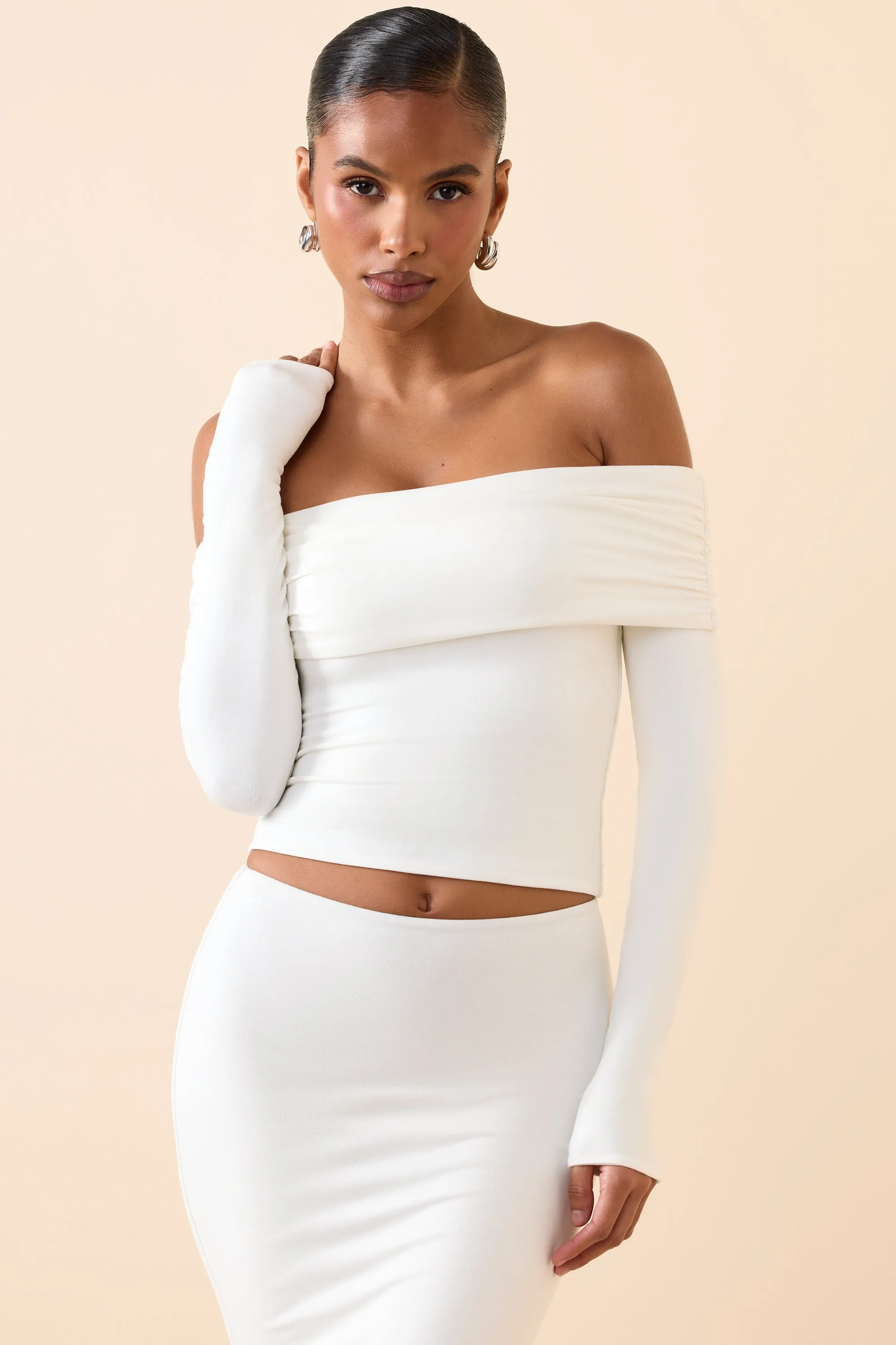 Modal Off-Shoulder Long-Sleeve Top in White sold by Oh Polly product image thumbnail 4