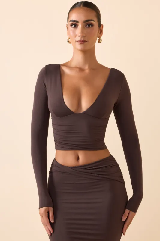 Modal Plunge Long-Sleeve Top in Chocolate Brown sold by Oh Polly