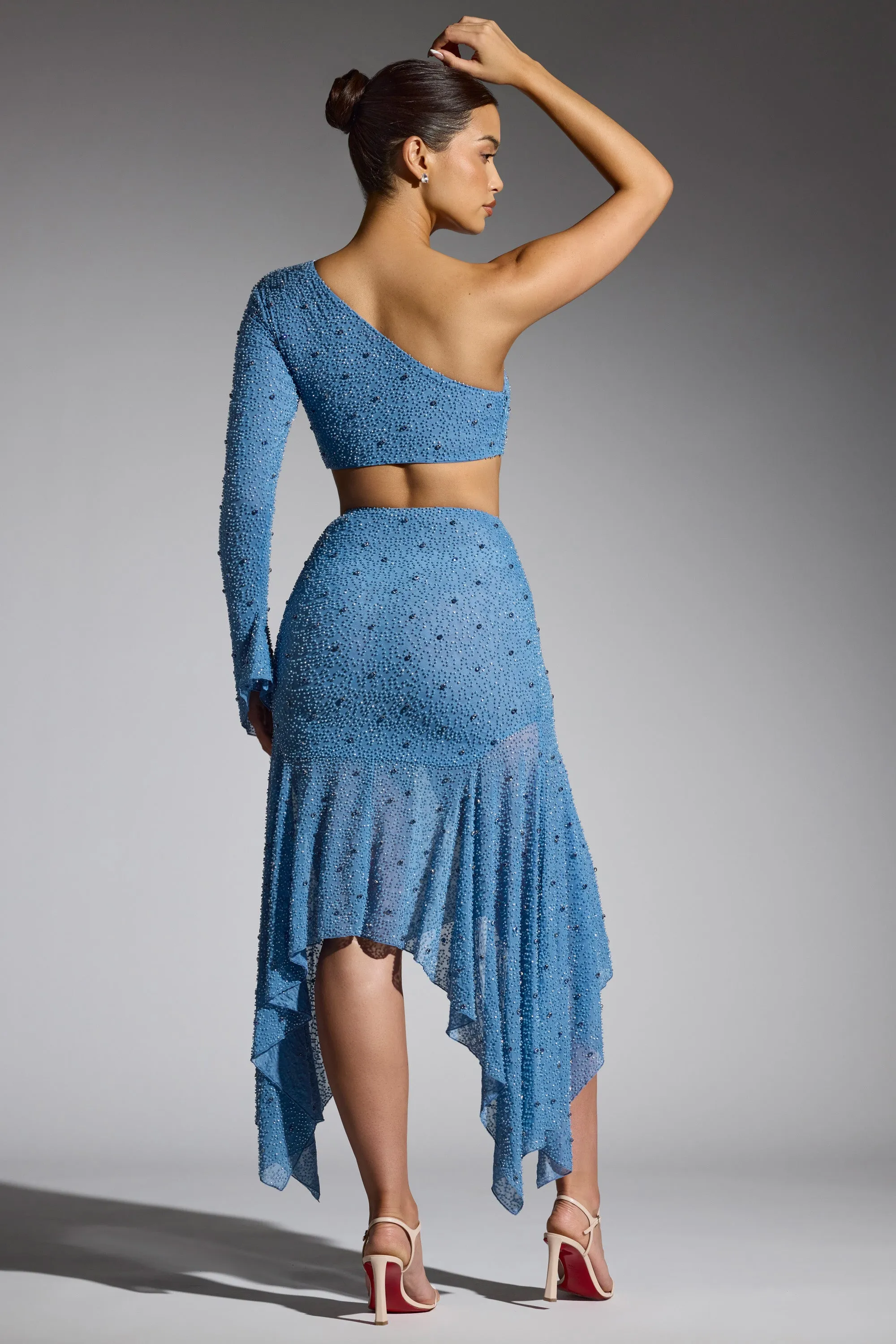 Embellished Asymmetric Crop Top and Skirt Co-ord in Smokey Blue sold by Oh Polly product image thumbnail 2