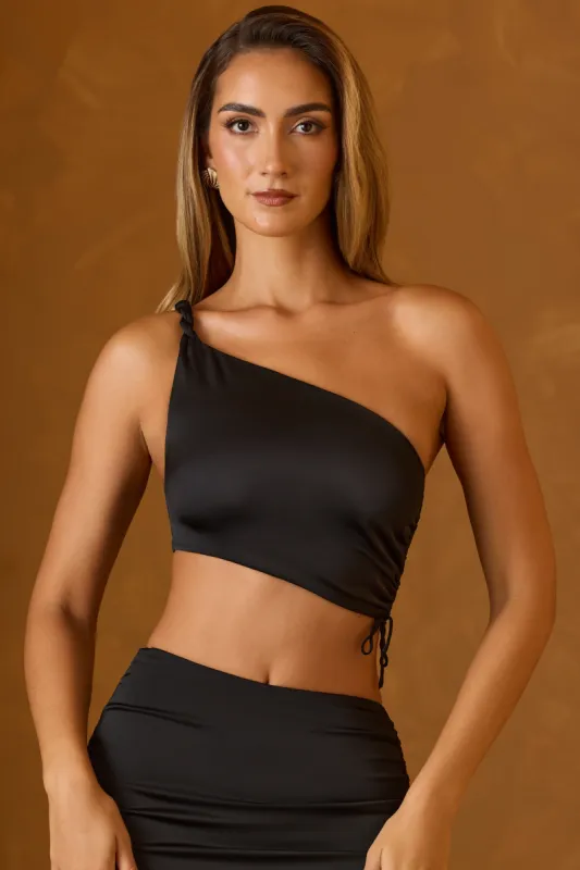 Ruched Asymmetric Crop Top in Black sold by Oh Polly