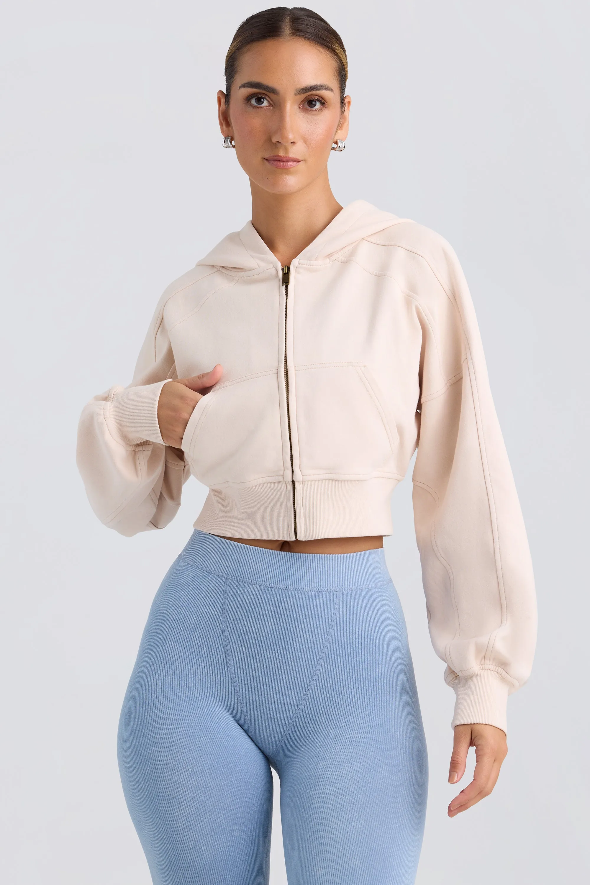 Brushed Jersey Zip-Up Cropped Hoodie in Washed Cream sold by Oh Polly product image thumbnail 4
