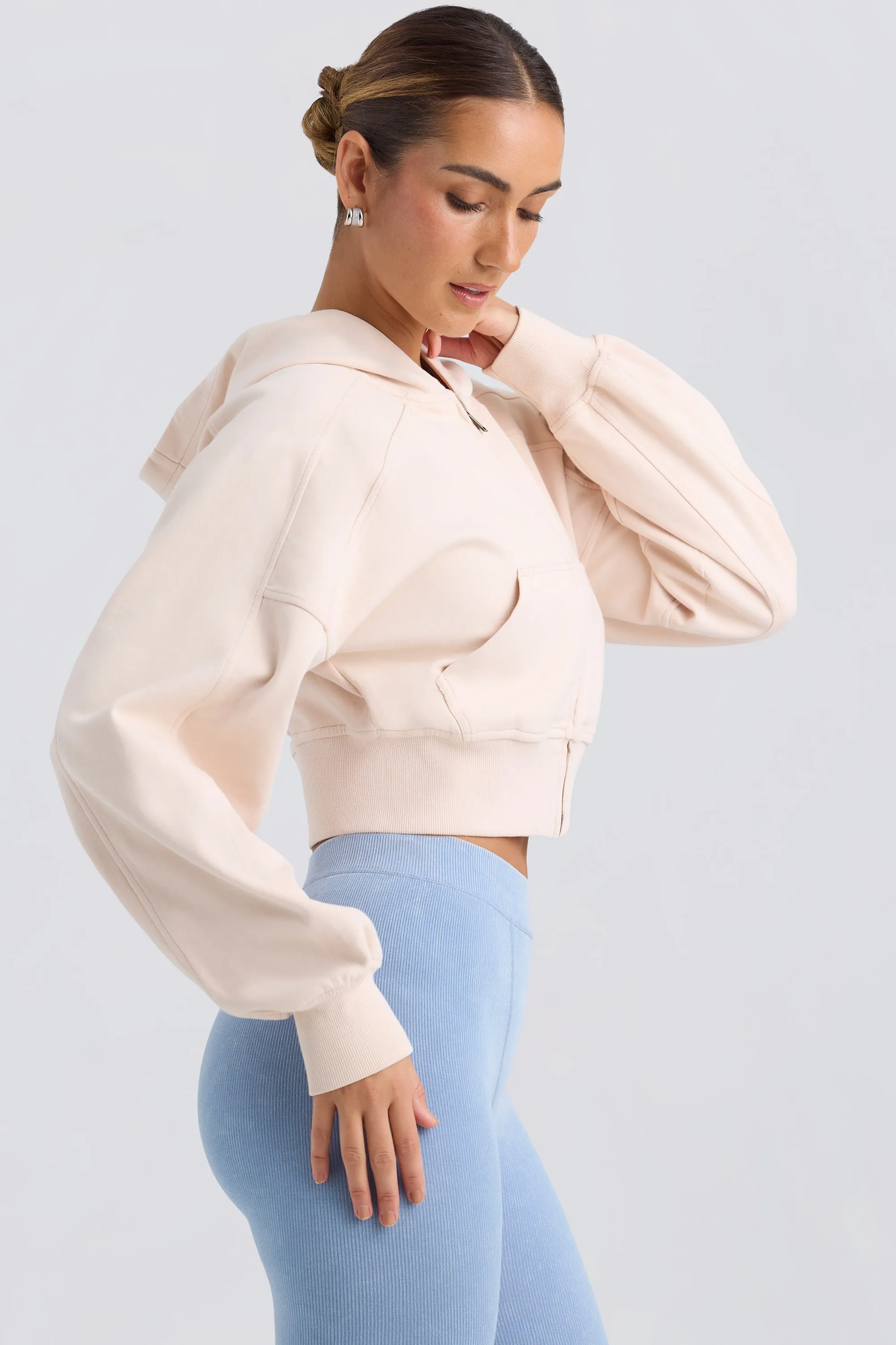 Brushed Jersey Zip-Up Cropped Hoodie in Washed Cream sold by Oh Polly product image thumbnail 3