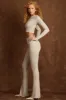 Asymmetric Draped Mid-Rise Flared Trousers in Light Grey sold by Oh Polly