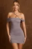 Off-Shoulder Draped Mini Dress in Steel Grey sold by Oh Polly