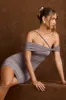 Off-Shoulder Draped Mini Dress in Steel Grey sold by Oh Polly