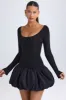 Scoop-Neck Drop-Waist Bubble Hem Mini Dress in Black sold by Oh Polly