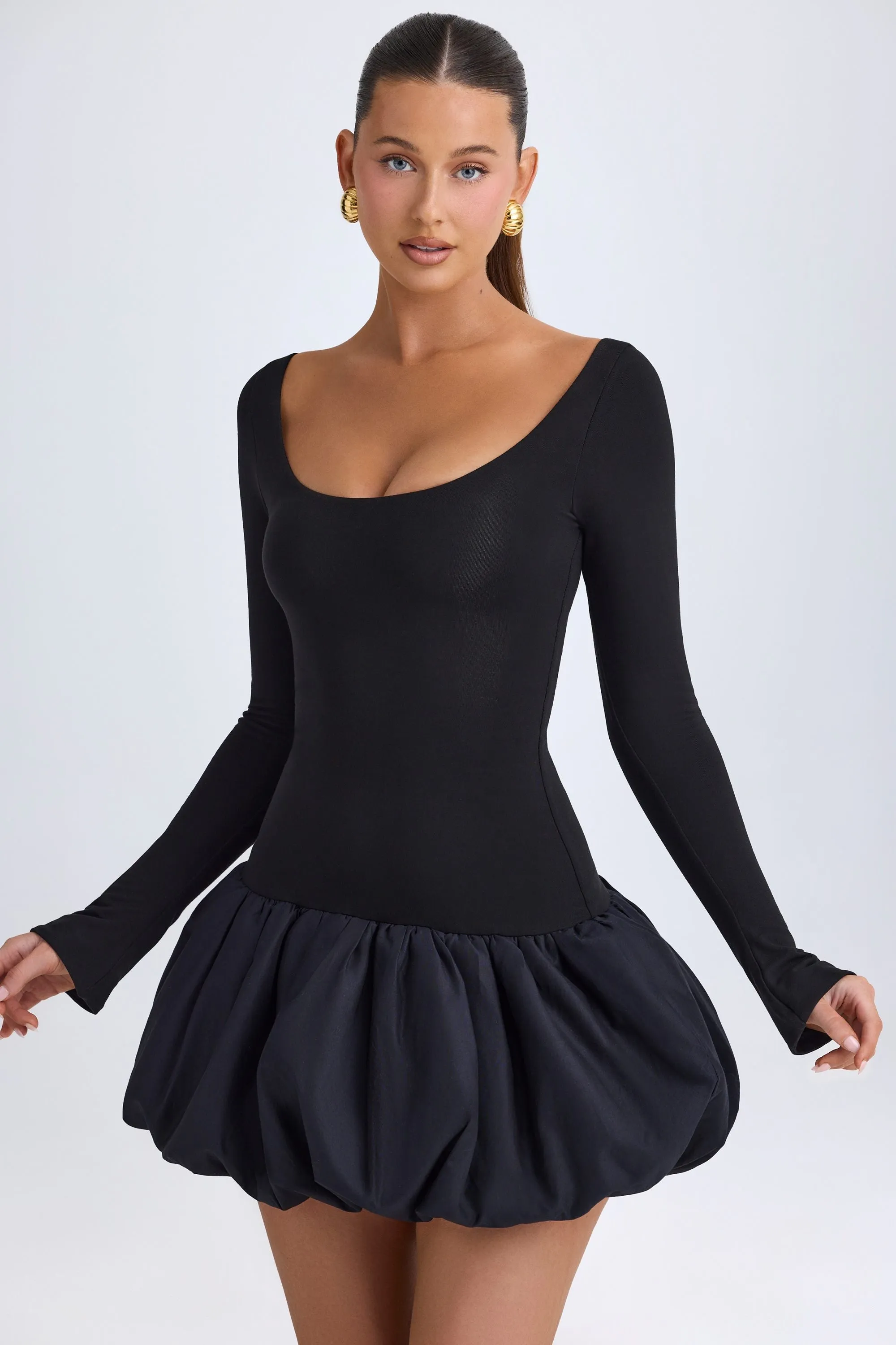 Modal Scoop-Neck Drop-Waist Bubble Hem Mini Dress in Black sold by Oh Polly