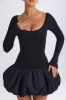 Scoop-Neck Drop-Waist Bubble Hem Mini Dress in Black sold by Oh Polly