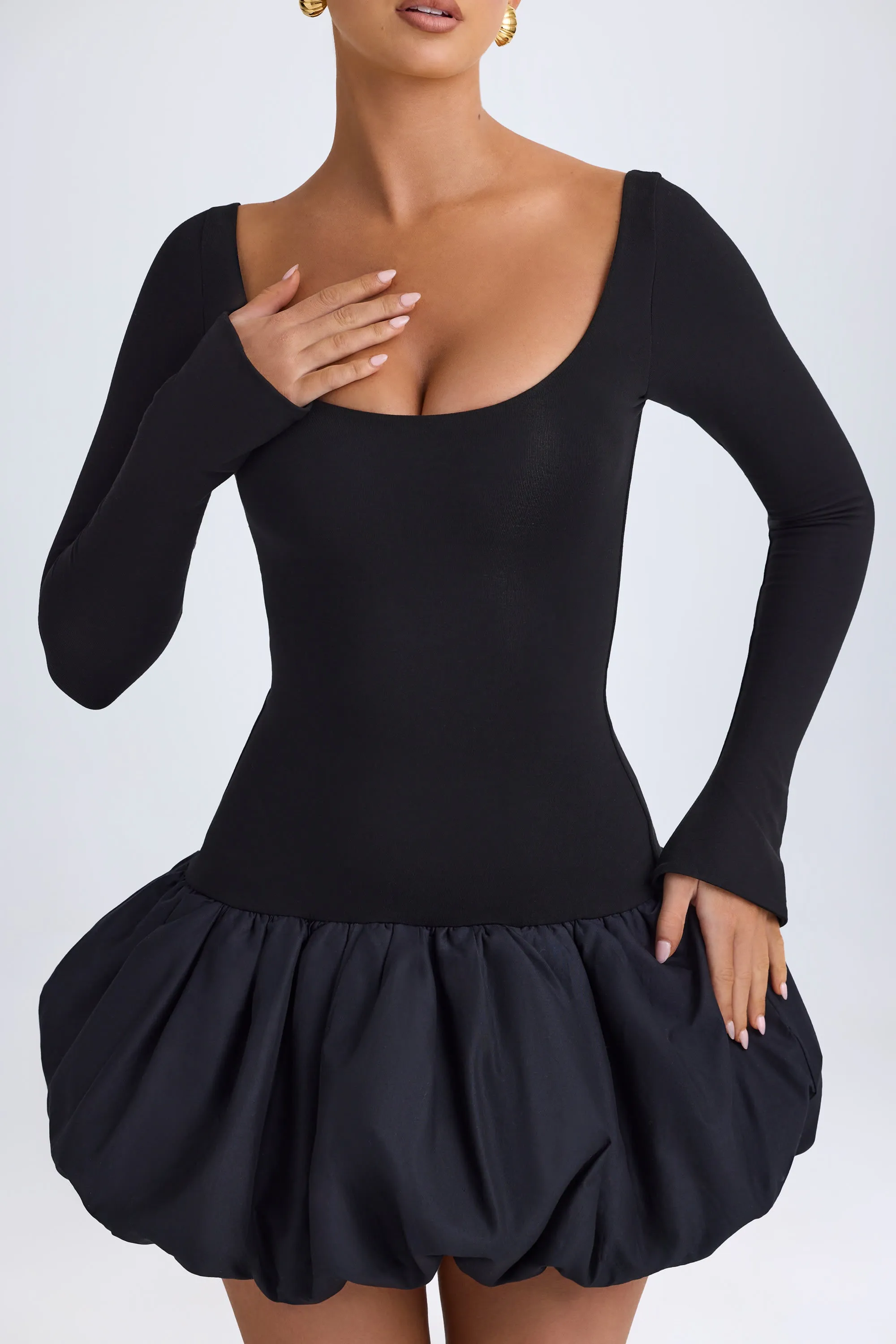 Modal Scoop-Neck Drop-Waist Bubble Hem Mini Dress in Black sold by Oh Polly product image thumbnail 5