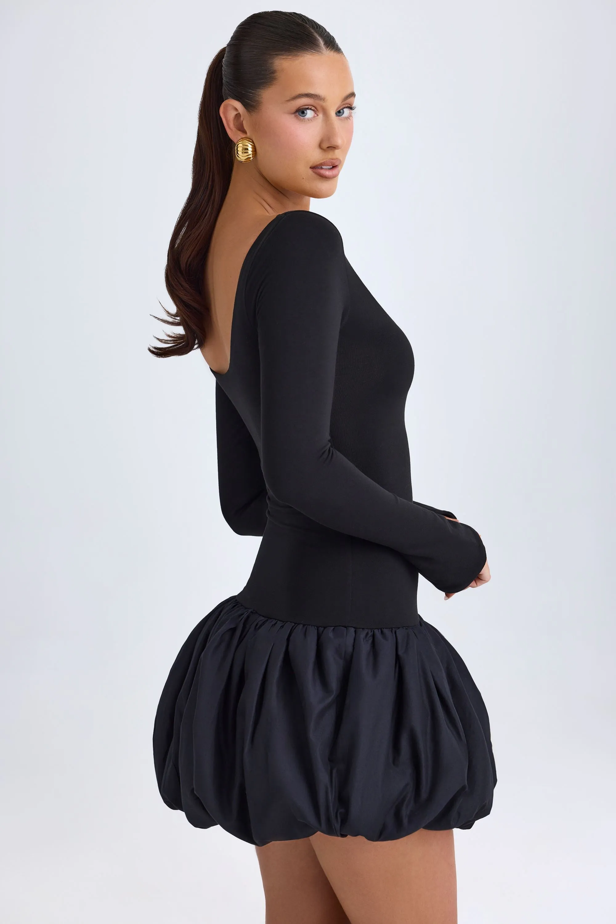 Modal Scoop-Neck Drop-Waist Bubble Hem Mini Dress in Black sold by Oh Polly product image thumbnail 4