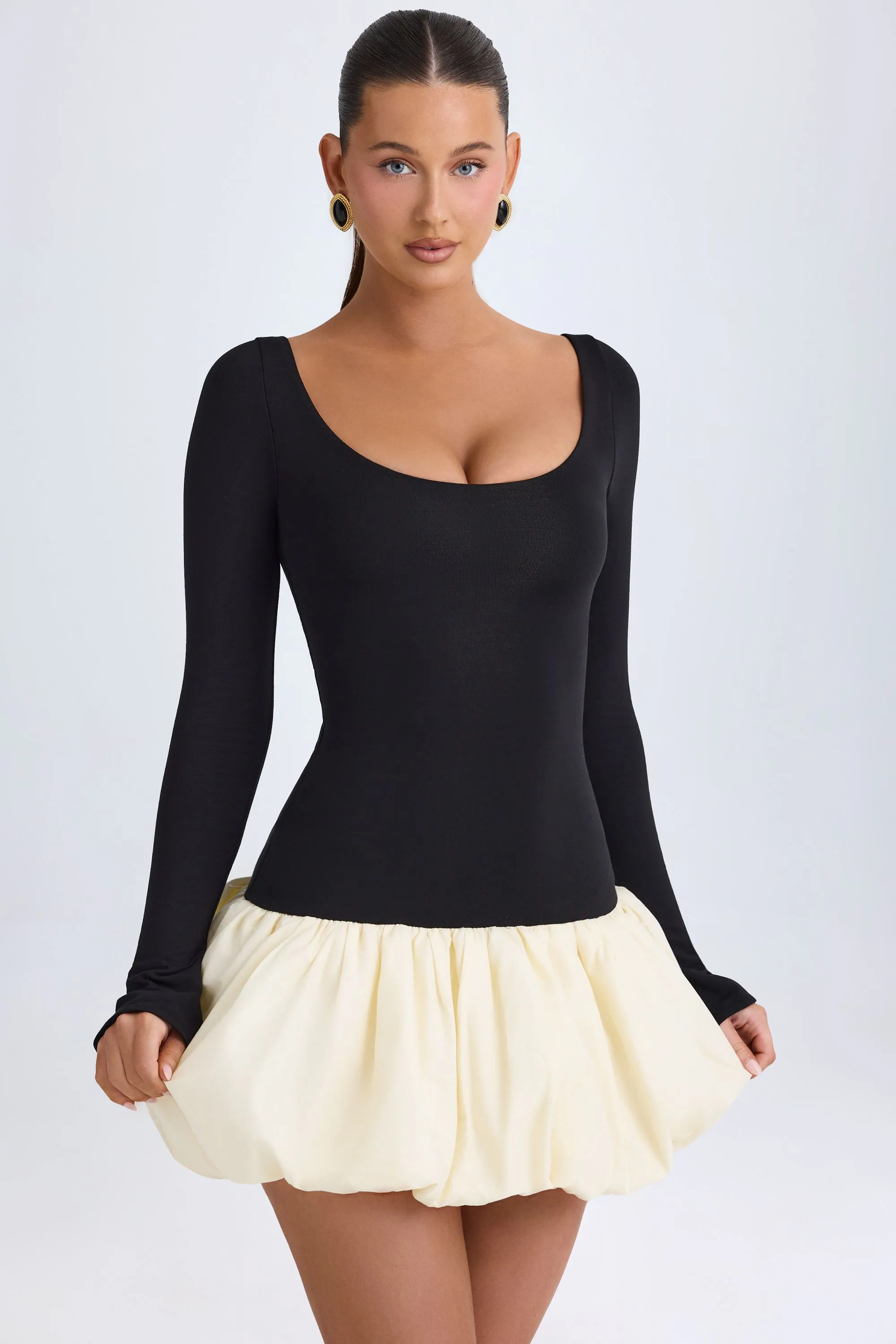 Scoop-Neck Drop-Waist Bubble Hem Mini Dress in Vanilla sold by Oh Polly