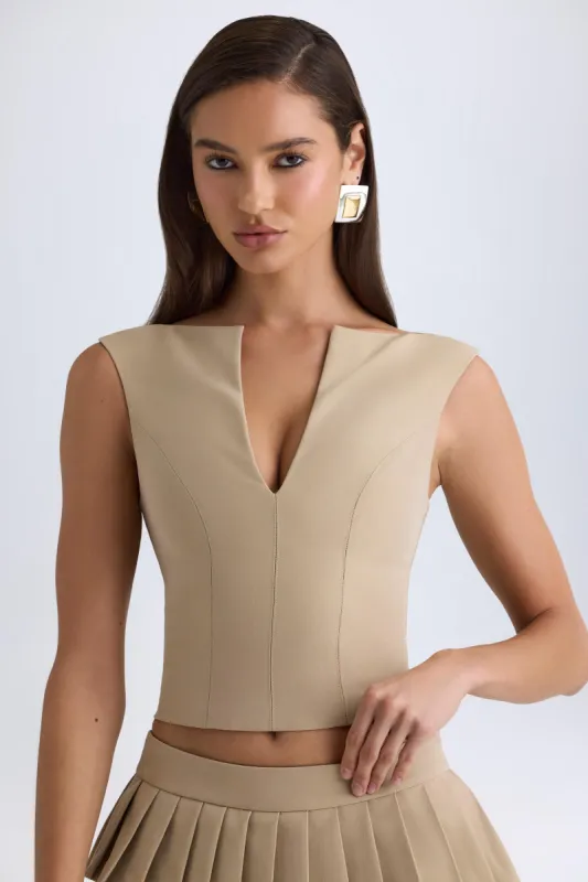 Open-Front Crop Top in Camel sold by Oh Polly