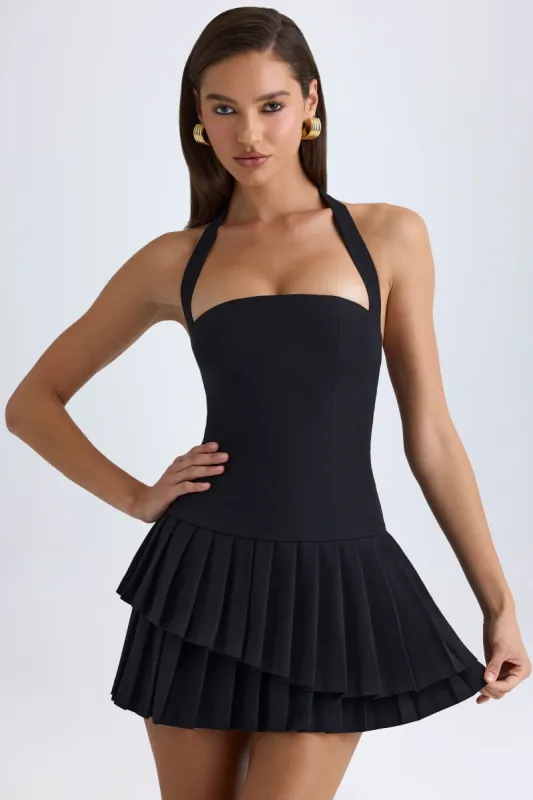 Asymmetric Layered Halterneck Mini Dress in Black sold by Oh Polly