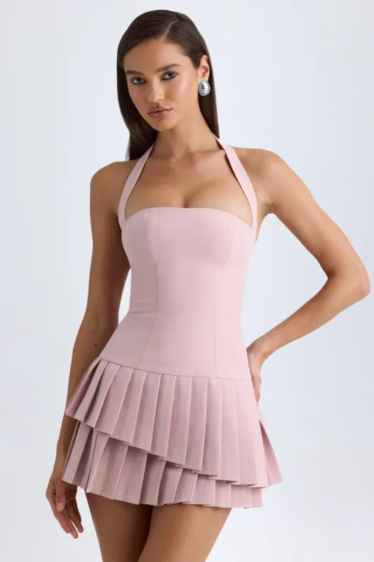 Asymmetric Layered Halterneck Mini Dress in Pink Mauve sold by Oh Polly