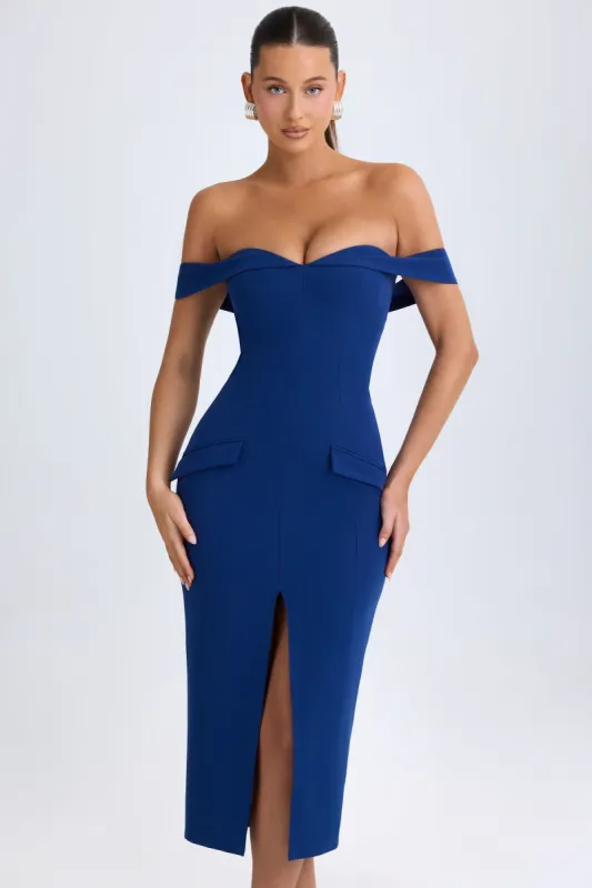 Off-Shoulder Midaxi Dress in True Navy sold by Oh Polly