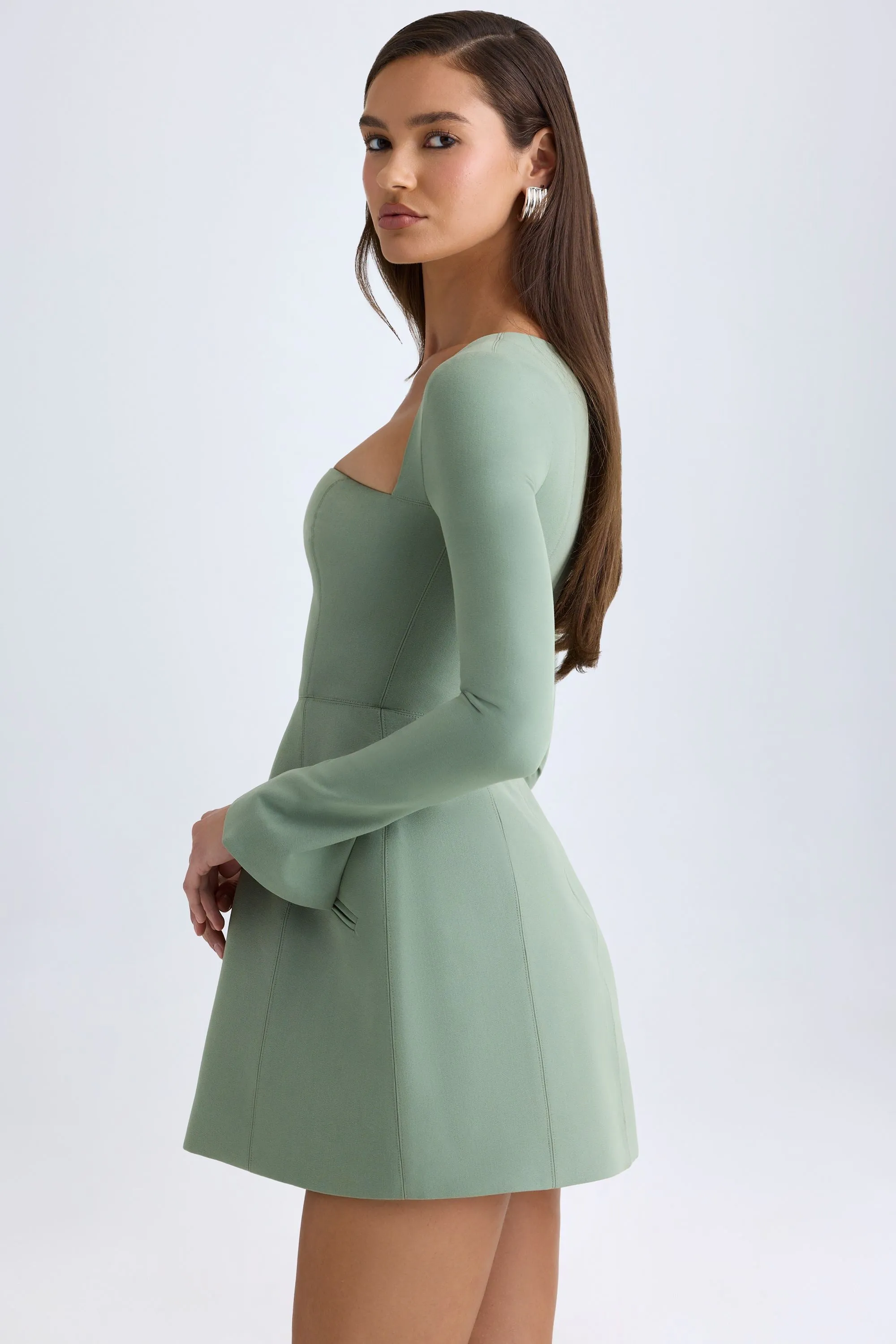 Square-Neck Structured Tulip Mini Dress in Khaki Green sold by Oh Polly product image thumbnail 4