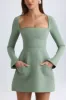 Square-Neck Structured Tulip Mini Dress in Khaki Green sold by Oh Polly