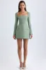 Square-Neck Structured Tulip Mini Dress in Khaki Green sold by Oh Polly