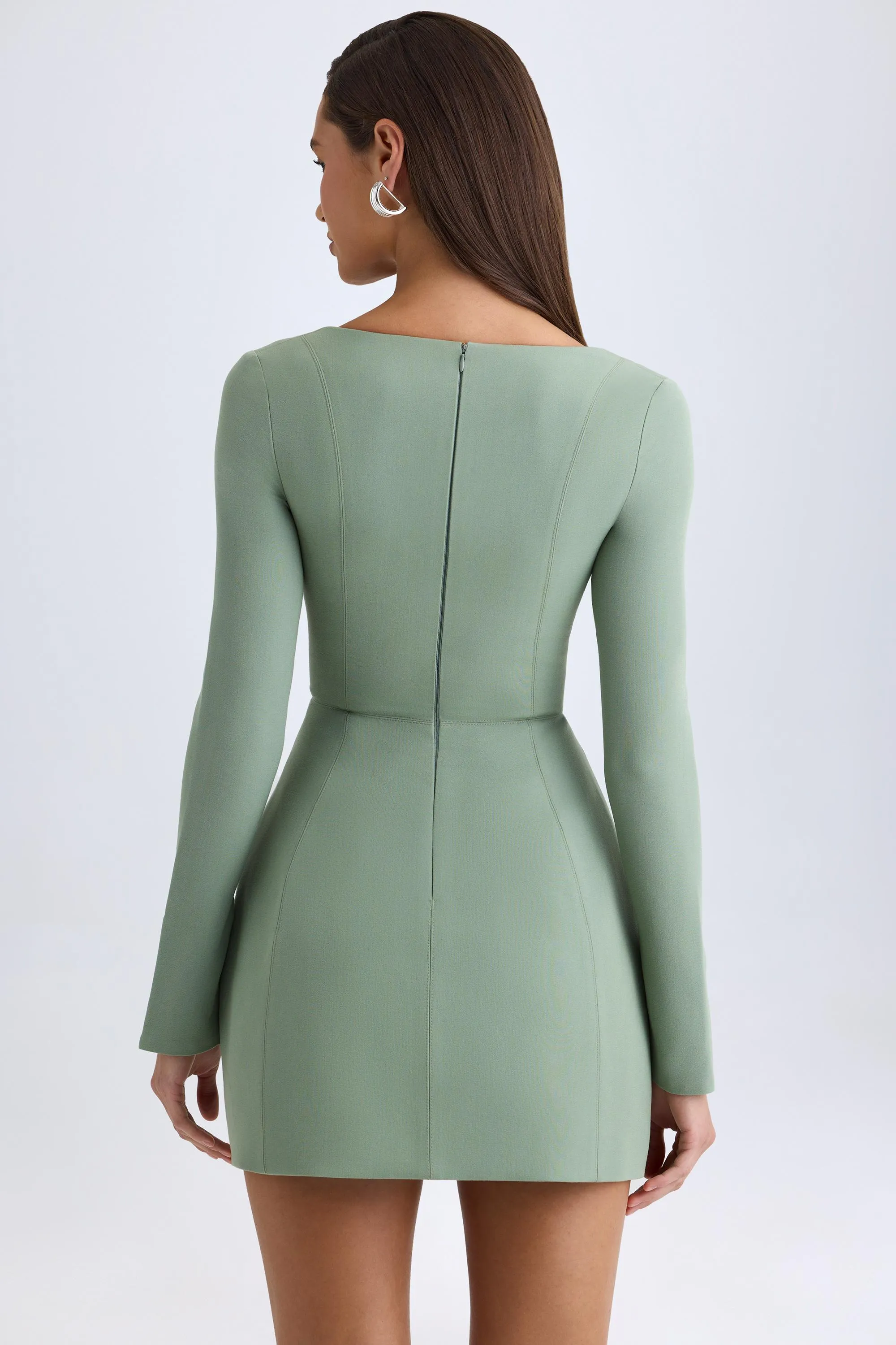 Square-Neck Structured Tulip Mini Dress in Khaki Green sold by Oh Polly product image thumbnail 3