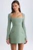 Square-Neck Structured Tulip Mini Dress in Khaki Green sold by Oh Polly