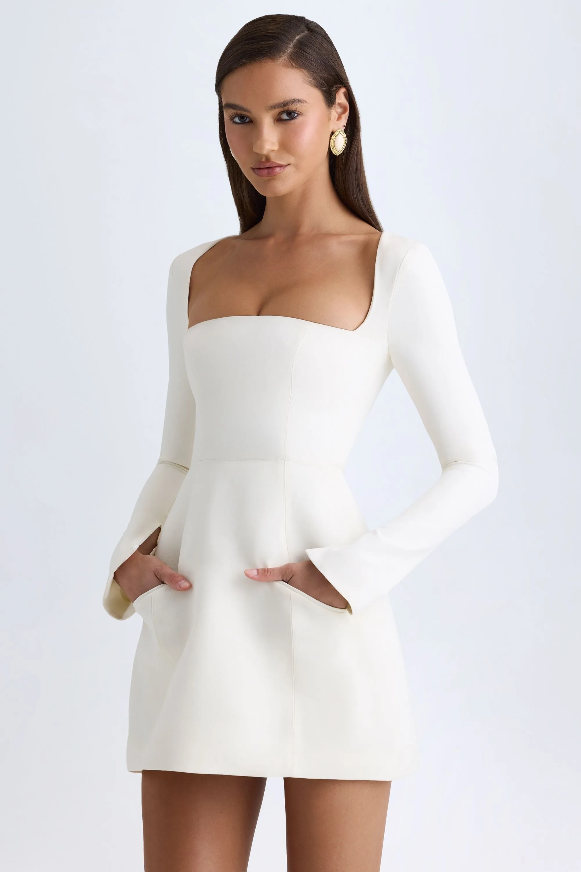 Square-Neck Structured Tulip Mini Dress in Vanilla sold by Oh Polly