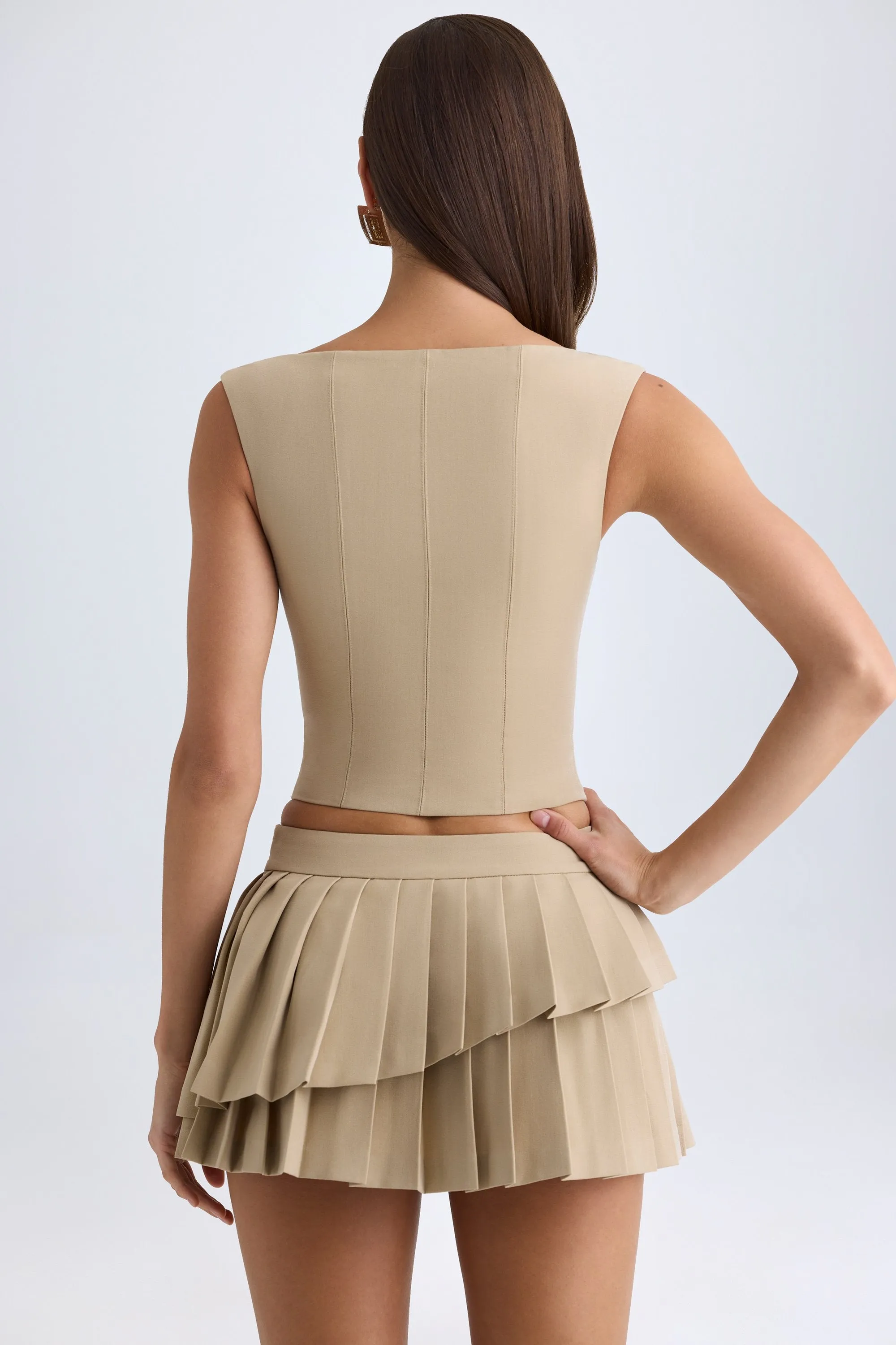 Layered Pleated Low-Rise Mini Skirt in Camel sold by Oh Polly product image thumbnail 3