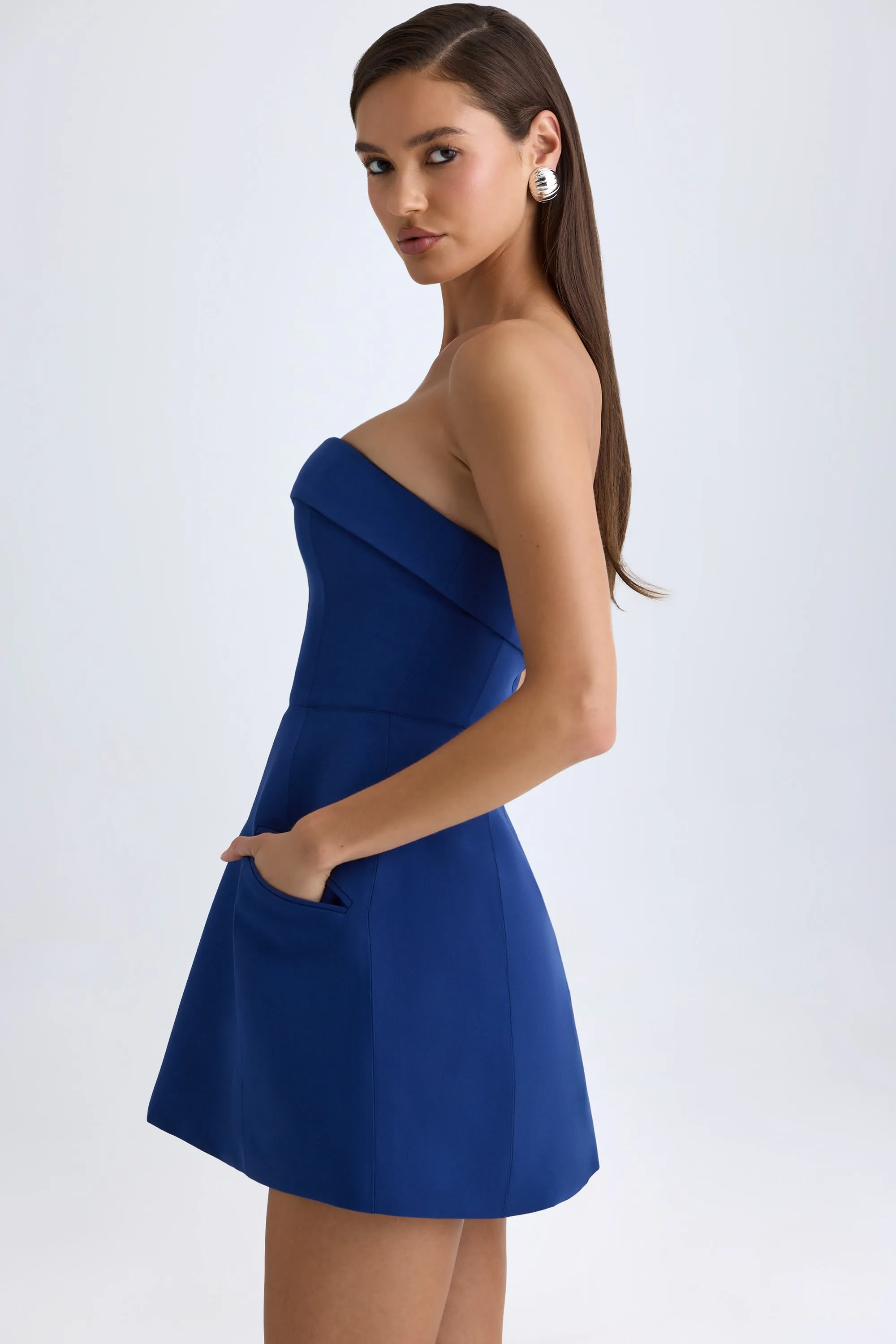 Foldover-Neck Structured Tulip Mini Dress in True Navy sold by Oh Polly product image thumbnail 4
