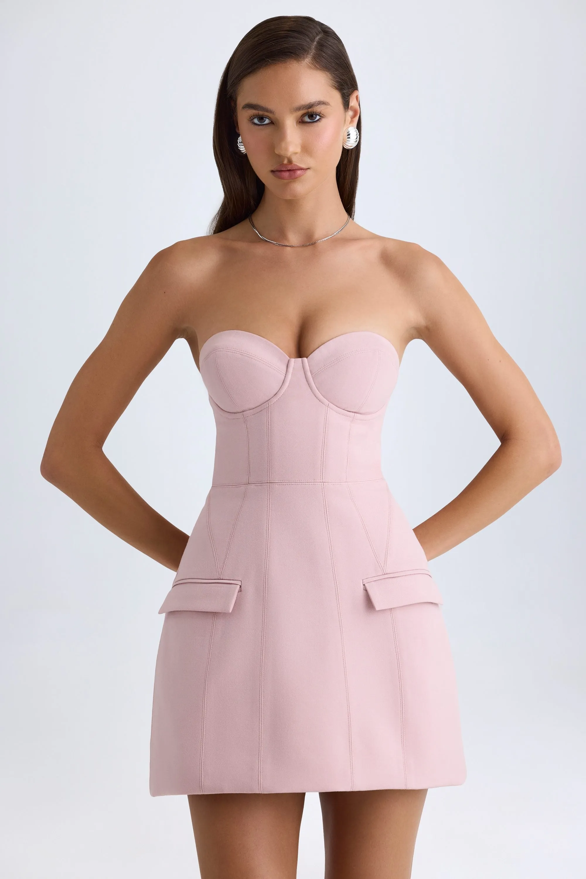 Strapless Structured Tulip Mini Dress in Pink Mauve sold by Oh Polly