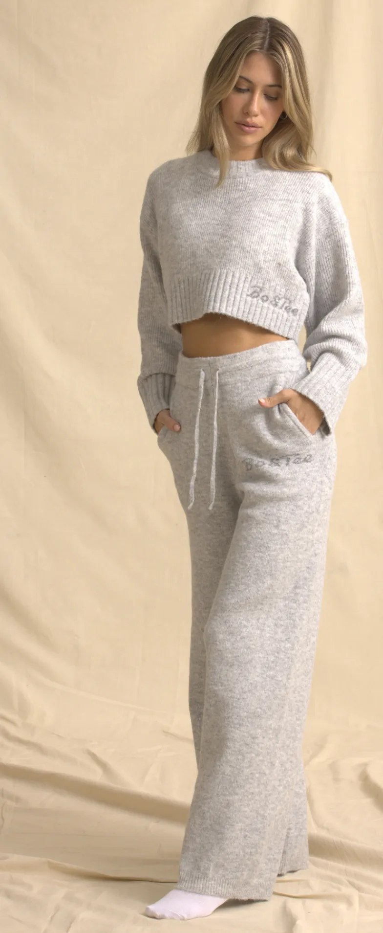 Tall Mid-Rise Wide-Leg Joggers in Ice Marl sold by Oh Polly