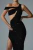 Embellished Asymmetric Cut-Out Gown in Black sold by Oh Polly
