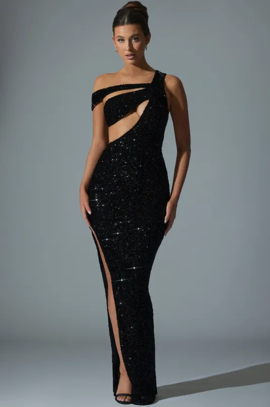 Embellished Asymmetric Cut-Out Gown in Black sold by Oh Polly