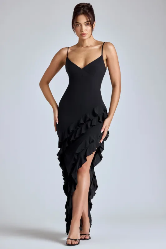 Panelled Ruffle Evening Gown in Black sold by Oh Polly