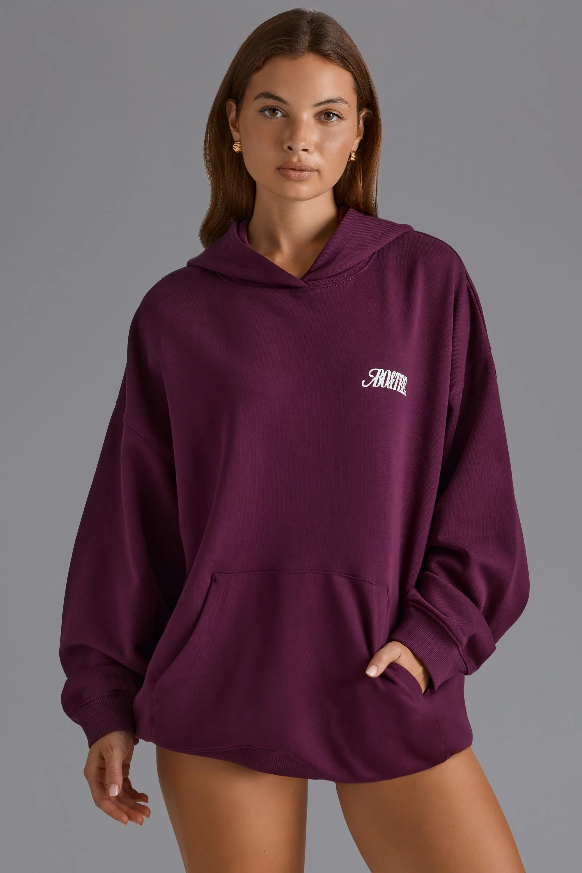Cotton Fleece Appliqué Oversized Hoodie in Grape sold by Oh Polly