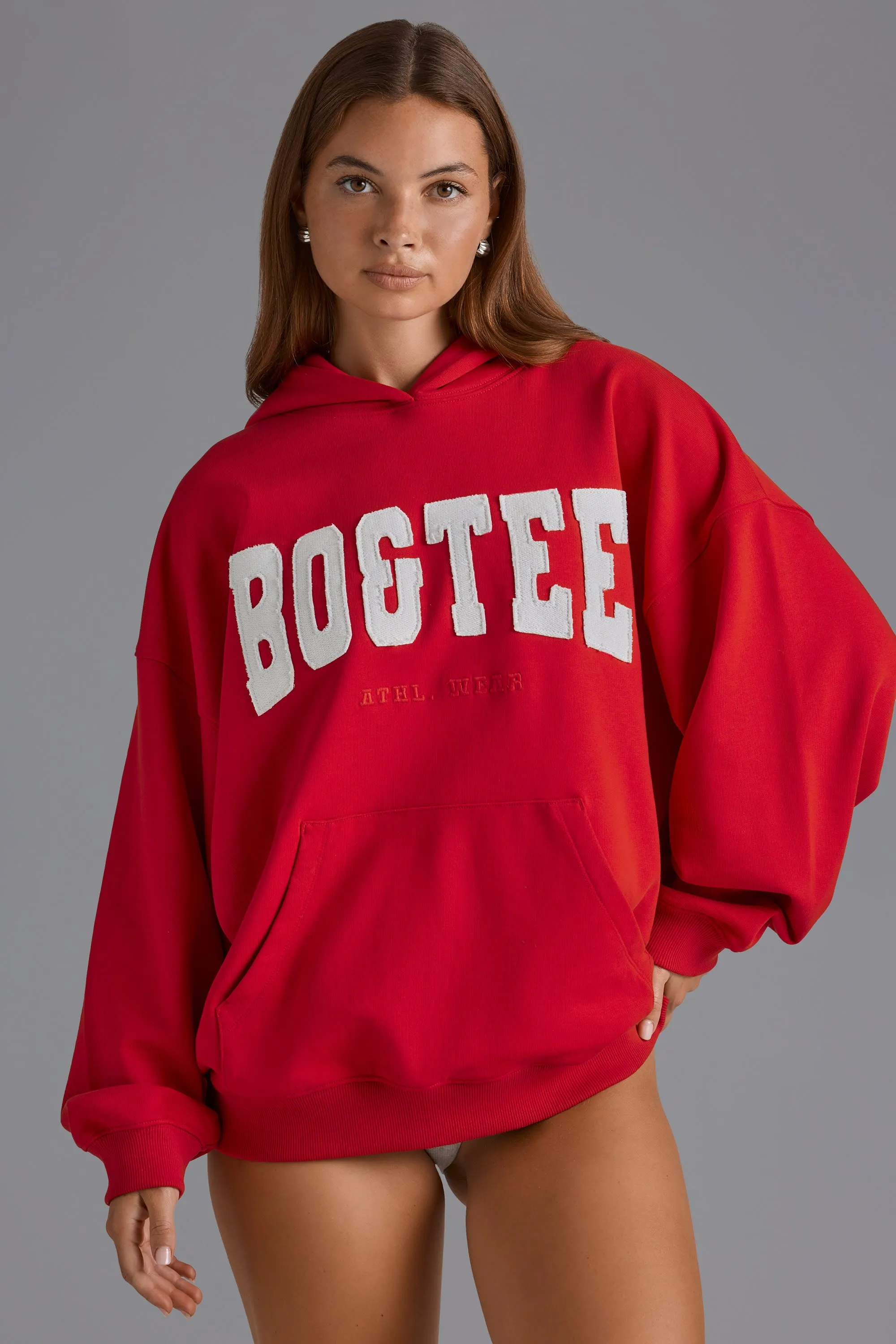 Cotton Fleece Appliqué Oversized Hoodie in Cherry Red sold by Oh Polly