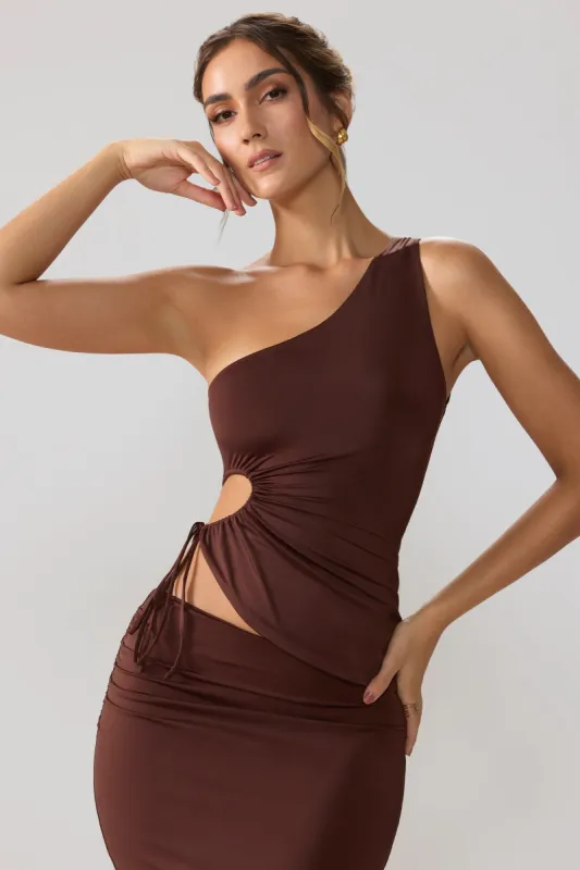 Slinky Jersey Ruched Cut Out One Shoulder Top in Espresso sold by Oh Polly