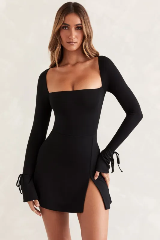 Square Neck Long Sleeve Mini Dress in Black sold by Oh Polly