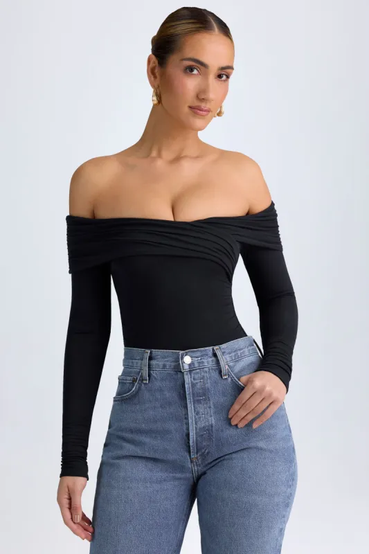 Modal Off-Shoulder Ruched Bodysuit in Black made by Oh Polly