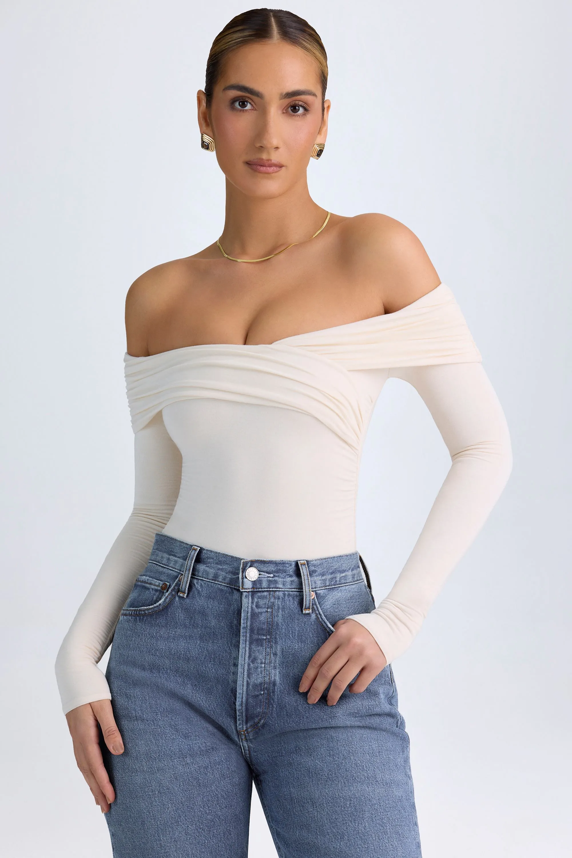 Modal Off-Shoulder Ruched Bodysuit in Ivory sold by Oh Polly product image thumbnail 5