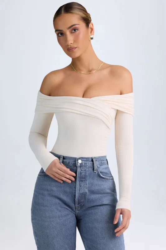 Modal Off-Shoulder Ruched Bodysuit in Ivory sold by Oh Polly