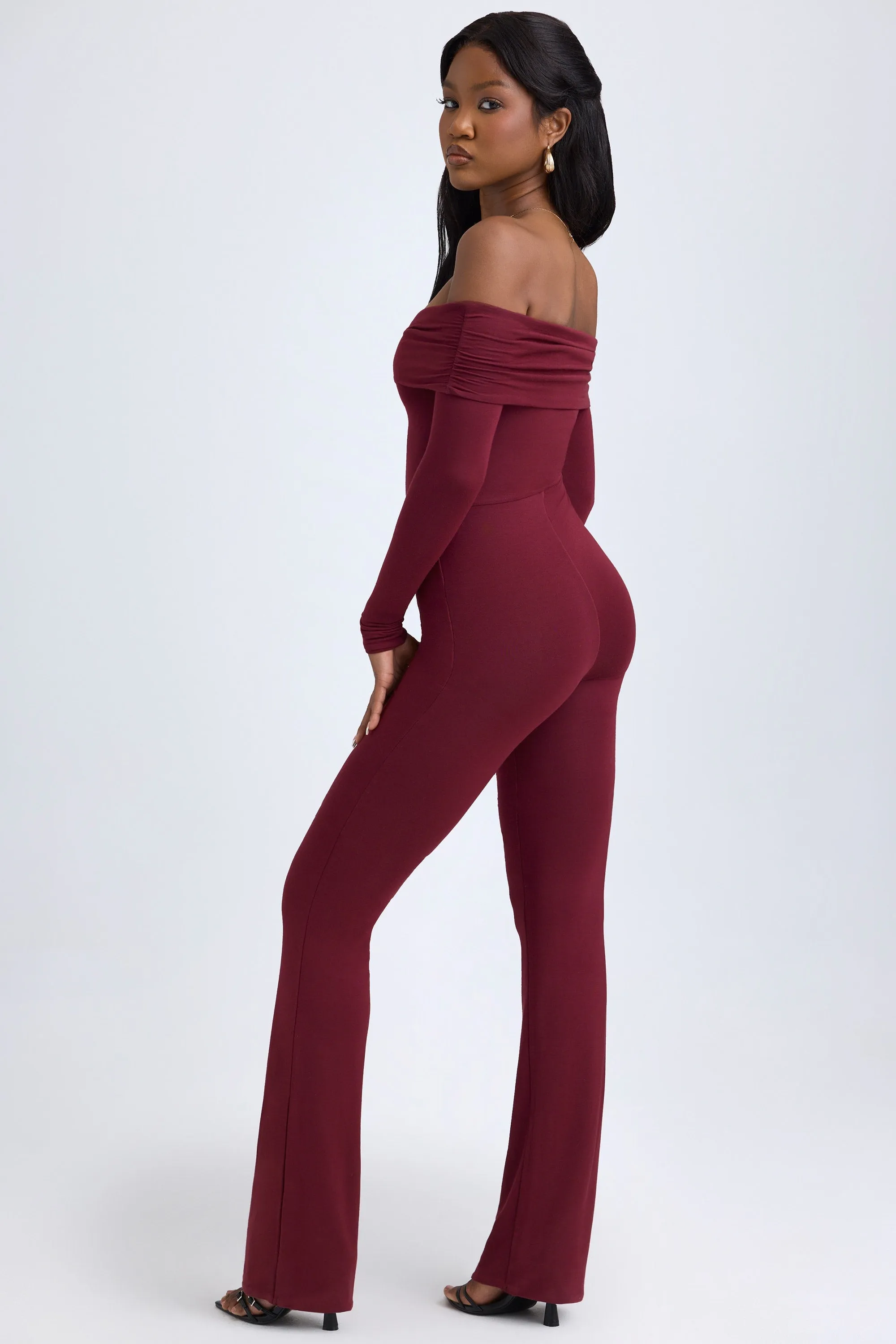 Modal Off-Shoulder Ruched Jumpsuit in Wine Red sold by Oh Polly product image thumbnail 2