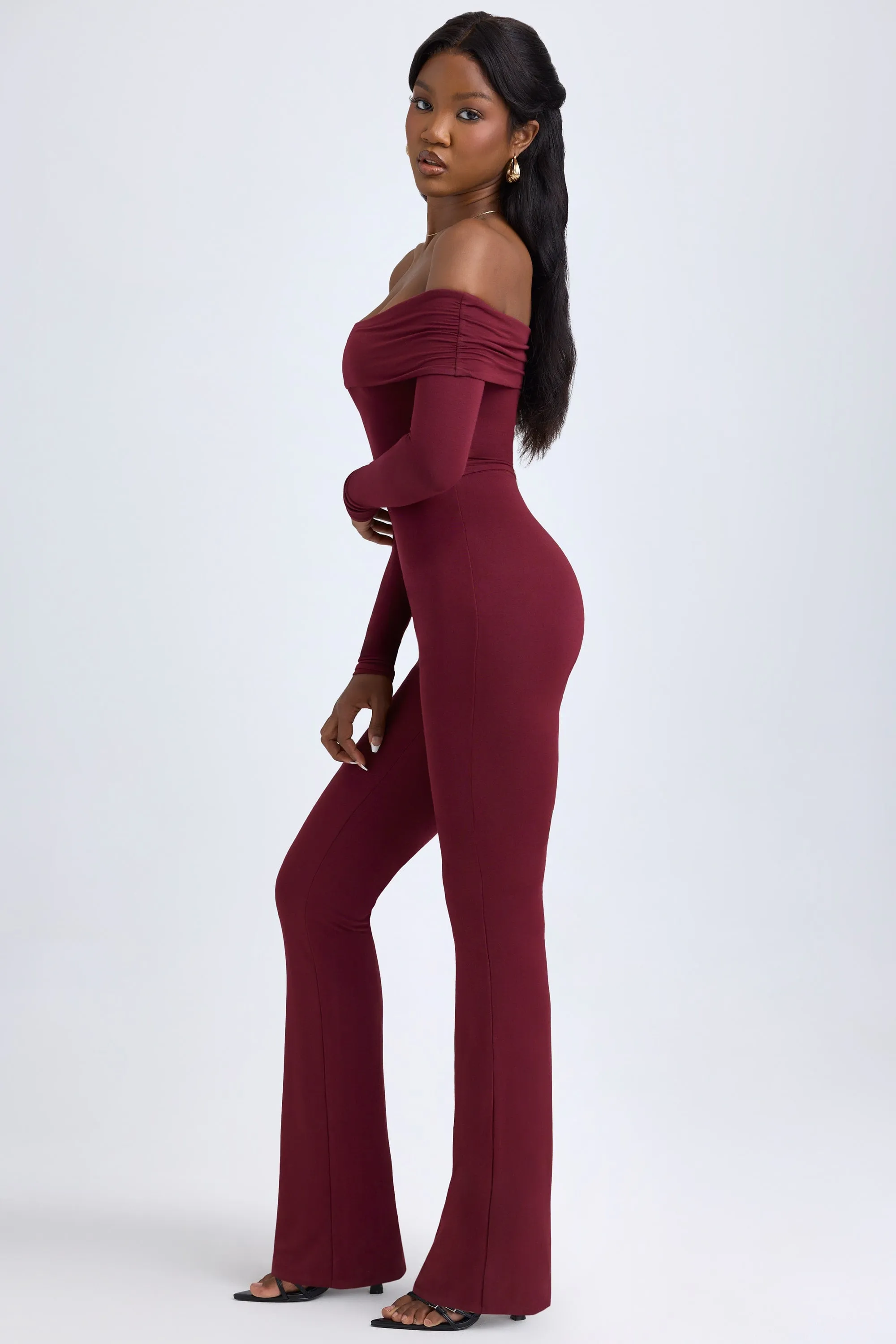 Modal Off-Shoulder Ruched Jumpsuit in Wine Red sold by Oh Polly product image thumbnail 4