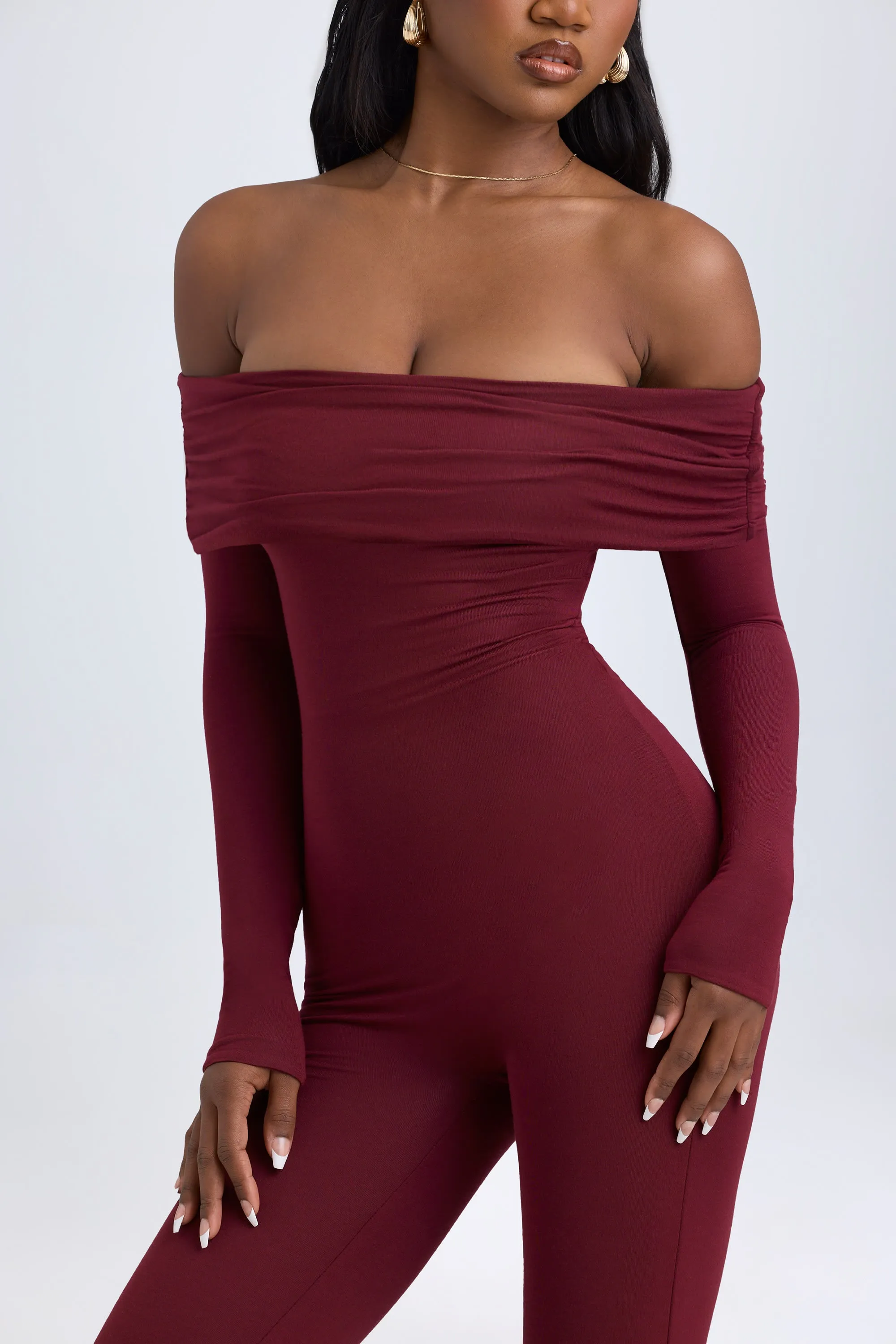 Modal Off-Shoulder Ruched Jumpsuit in Wine Red sold by Oh Polly product image thumbnail 5