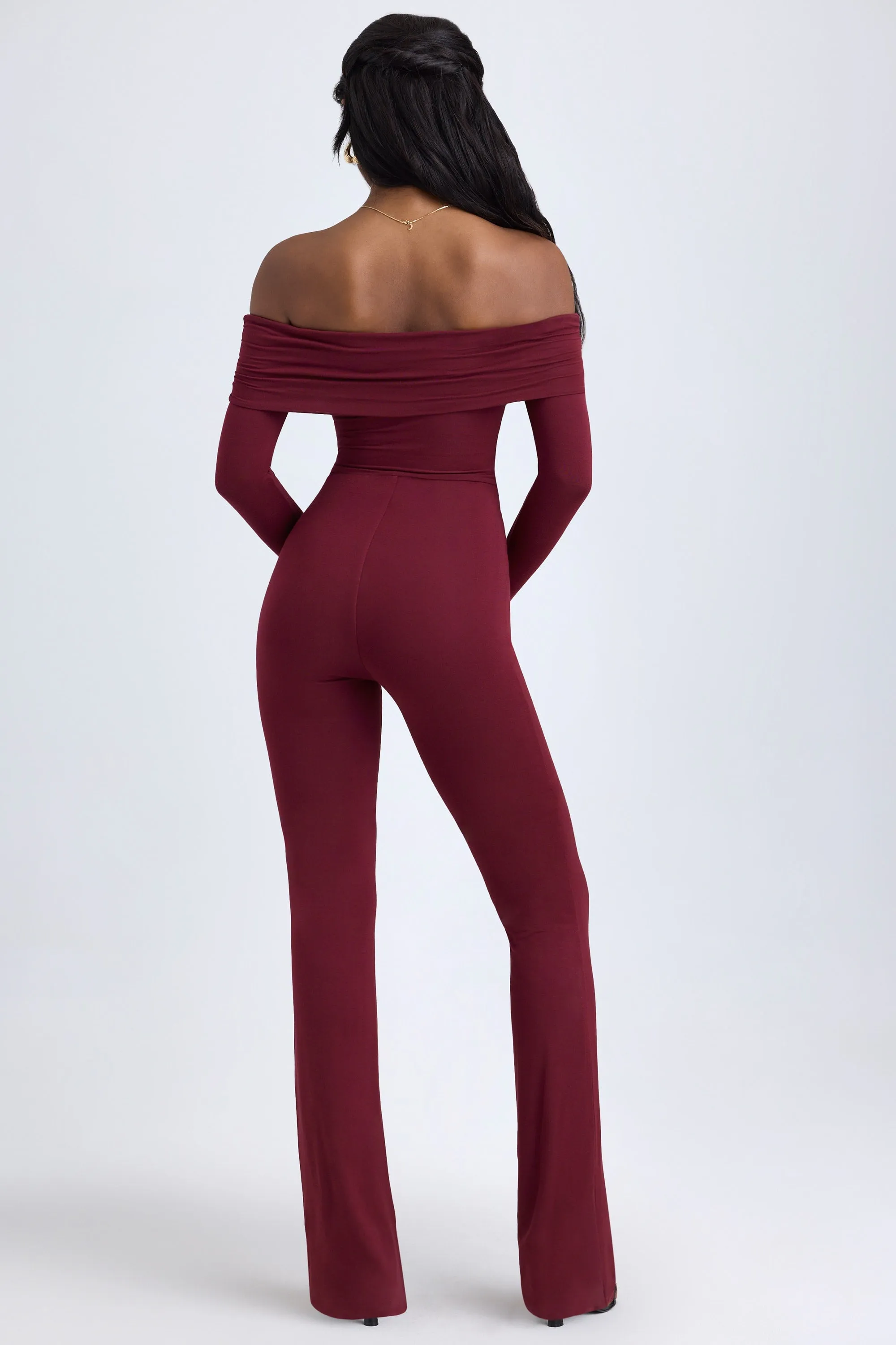 Modal Off-Shoulder Ruched Jumpsuit in Wine Red sold by Oh Polly product image thumbnail 3