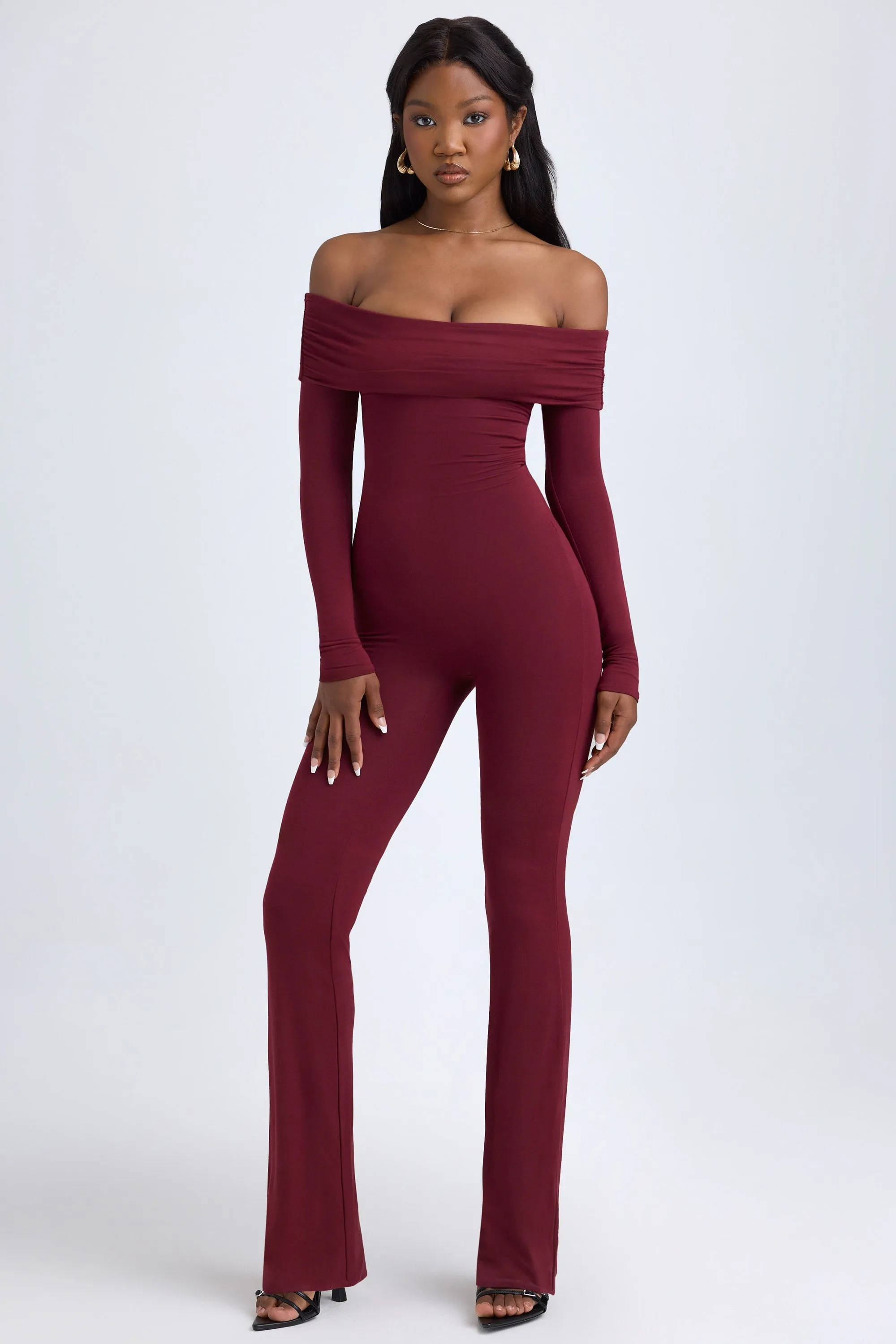 Modal Off-Shoulder Ruched Jumpsuit in Wine Red sold by Oh Polly
