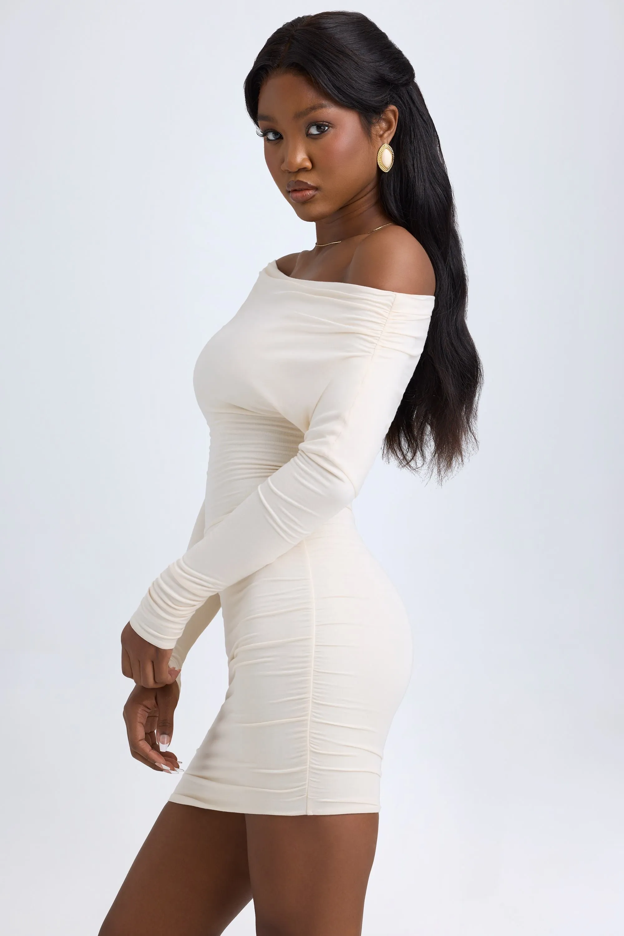 Modal Off-Shoulder Ruched Mini Dress in Ivory sold by Oh Polly product image thumbnail 4